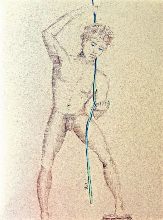 Dessin Homme nu tirant une corde Cyril / Drawing A naked man pulling down on a rope
