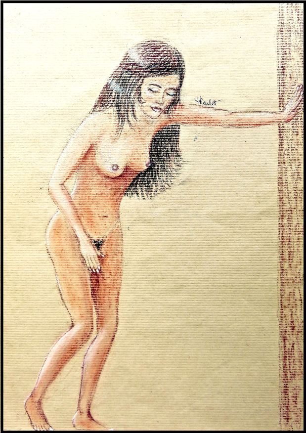 Dessin Femme debout nue s’asseyant, Inès / Drawing A standing naked woman sitting